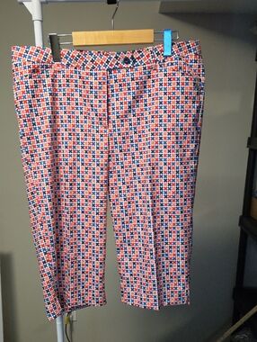 Cracked Wheat Plaid Capri Pants Red Blue Geometric Cropped Size 12 Golf Stretch